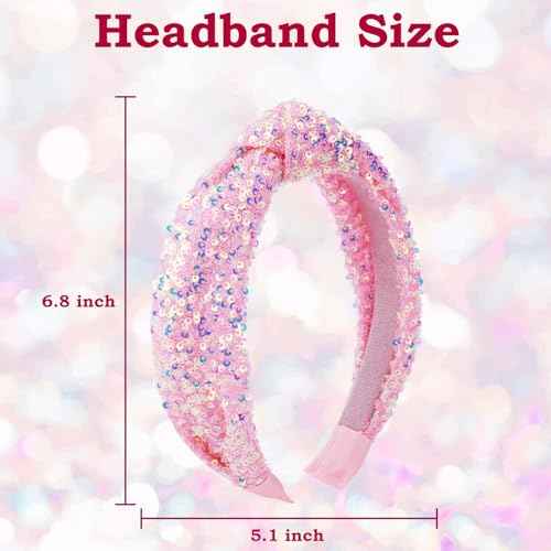 Sequin Knotted Headband for Women, Sparkly Knotted Wide Hair Bands for Girls, Glitter Fashion Iridescent Headbands Hair Accessories Fancy Outfits for Party Birthday Prom (Pink)