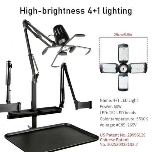 GBK Tattoo Workstation with LED Tattoo Light, Magnetic Tattoo Tray on Wheels,Salon Tray,Phone/Tablet Dual Stands,Tattoo Rolling Trolley for SalonTattoo Studio (Black)