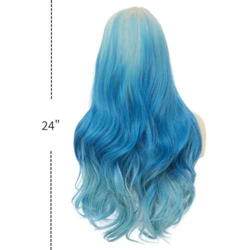 Blonde Blue Long Curly Wigs for Women 26 Inch Wavy Synthetic Middle Part Colourful Hair Wigs for Halloween Cosplay Use