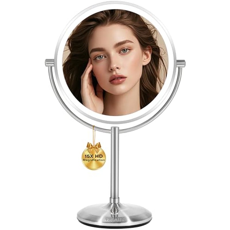 VESAUR 1X15X HD Lighted Makeup Mirror, 9" Large 5000mAh Rechargeable Double Sided Magnifying Mirror with 3 Touch Dimmable Light, 360¡ÆRotation Detachable for Travel Vanity Mirror, Pearl Nickel, Gifts