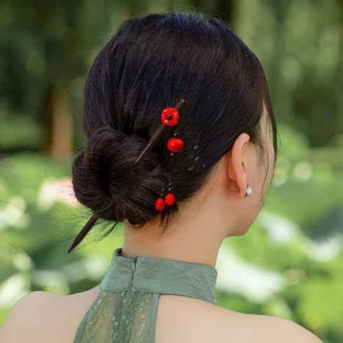 6 Pcs Chinese Hair Sticks for Women Wooden Japanese Hair Chopsticks Accessories Retro Red Cherry Clips Handmade Flower Tassel Geisha Costume for Girls Long Hair (Set A)