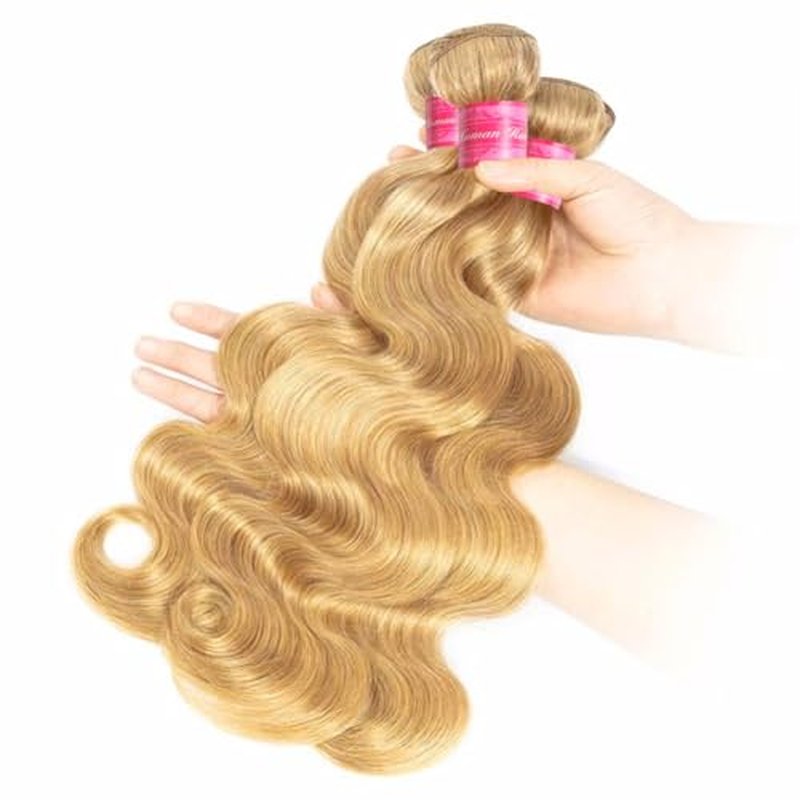 Aopusi Honey Blonde Human Hair Bundles #27 Colored Body Wave Brazilian Remy Human Hair Weft Blonde Hair 3 Bundles Blonde Body Wave Bundles(18 20 22 Inch)