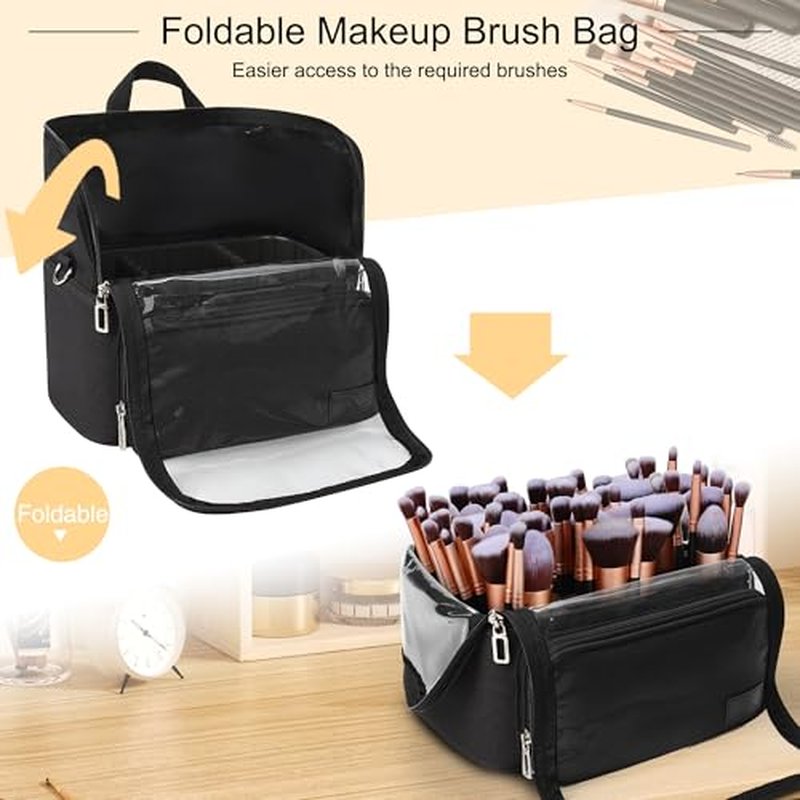 TANTO Makeup Brush Case, Extra Large Stand-up Makeup Cup Travel Makeup Brush Bag Foldable Professional Cosmetic Bags Artist Storage Case with Adjustable Divide&Strap (01A-Black£¨X Large£©)