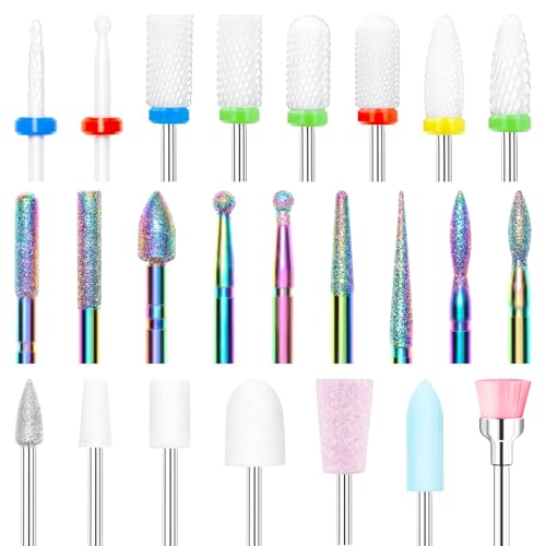 Modelones 24 Pcs Nail Drill Bit Set, 3/32¡± Ceramic Diamond Carbide Nail Drill Bits, Acrylic Gel Nail Bit Kit, Cuticle Remover Bits for Acrylic Gel Dip Powder Nail Manicure Pedicure