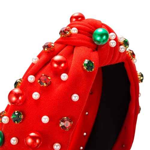 TailaiMei 2Pcs Christmas Rhinestone Knotted Headband for Women, Red & Green Jeweled Crystal Embellished Ladies Twist Wide Hair Band Accessories Holiday Makeup Hair Hoop Gifts (Pearl)