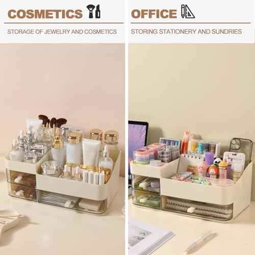 DASITON Makeup Organizer with 3 Drawers,Skincare and Cosmetics Organizer Countertop,Makeup Organizers and Storage with Brush Holder,Large Cosmetic Display Case for Vanity,Desk,Bathroom,Bedroom(Cream)