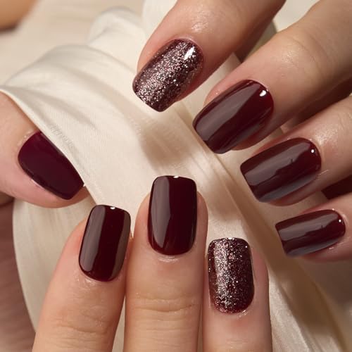 Curvlife 30pcs Press on Nails, Short Square Acrylic Fake Nails with Wine Red Glitte Apricot Design Full Cover False Glossy Nude Artificial for Women