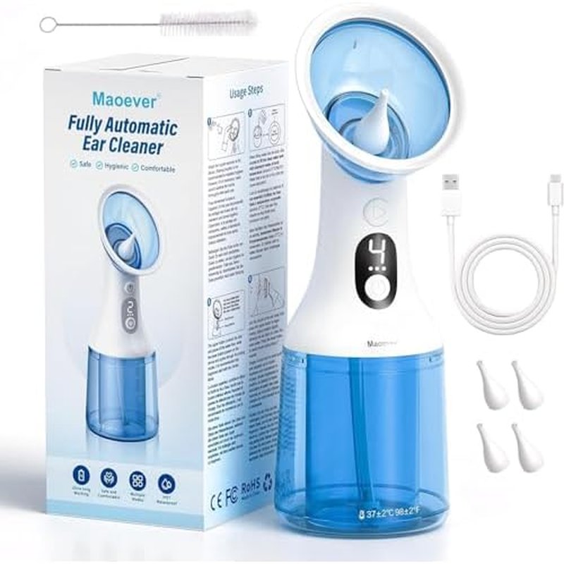 Electric Ear Wax Removal with One-Piece Waste Tank, Water Powered Ear Cleaner with 4 Pressure Modes for Earwax Remove at Home, 4 Tips, USB-C Cable, IPX7 (Blue)