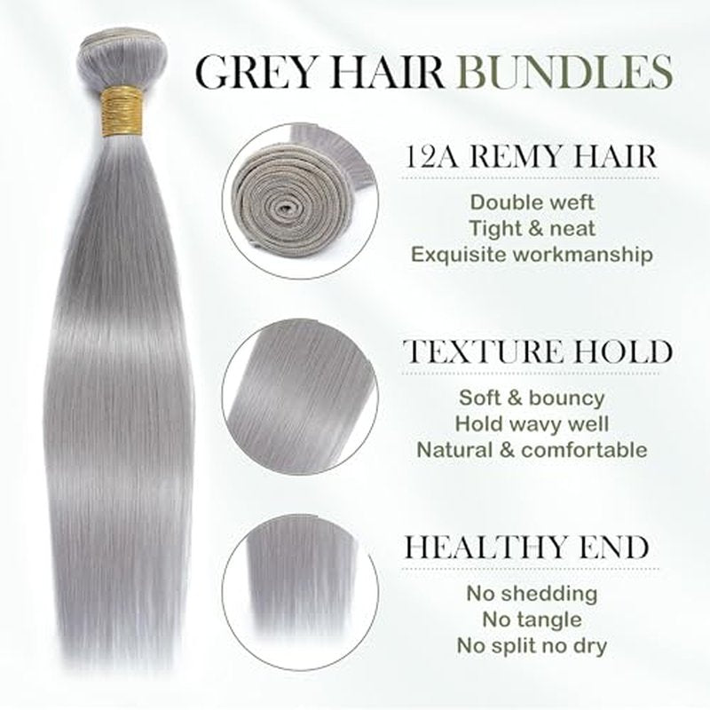 Grey Color Straight Bundles Human Hair, Short 12A 100% Unprocessed Virgin Remy Bundles Lavender Silver Gray Human Hair Soft and Thick Sew In Quick Weave 10 12 14 Inch for Women