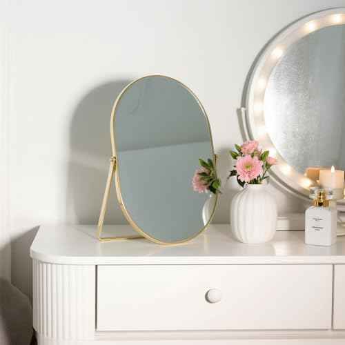 Feyarl Champagne Gold Oval Vanity Mirror 12x8 Inch Vertical Tabletop Makeup Mirror Decorative Standing Cosmetic Mirror for Bedroom Bathroom Desk Dresser