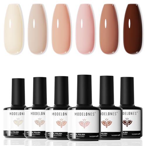 modelones Nude Gel Nail Polish Set -6 Colors Neutral Milky White Pink Brown Gel Polish Kit Skin Tones Soak Off Nail Kit Manicure DIY at Home Nail Art Salon Gift