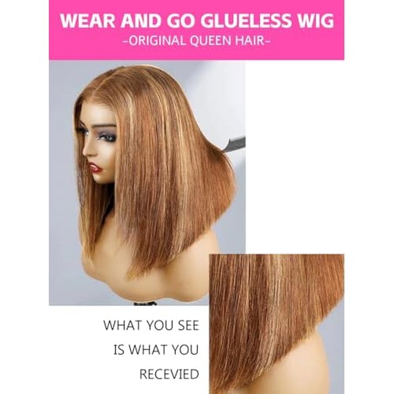 ORIGINAL QUEEN OQ Hair Glueless Wigs Human Hair 5x7 Bob Straight Wigs for Women Highlight Blonde Wear and Go Short Bob Wigs Pre Plucked Pre Cut Pre Bleached 4/27 Color 12Inch
