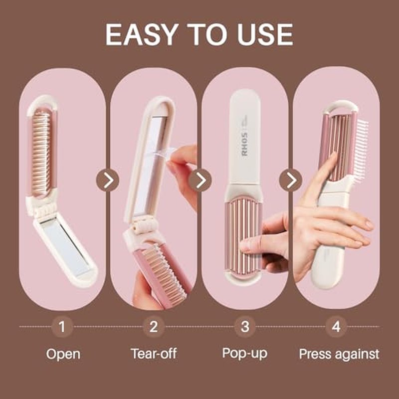 RHOS Folding Brush with Mirror for Women, Girls - Mini Hair Brush for Purse, Small Pocket Brush with Soft Nylon Bristles and Mirror for Travel (Beige)