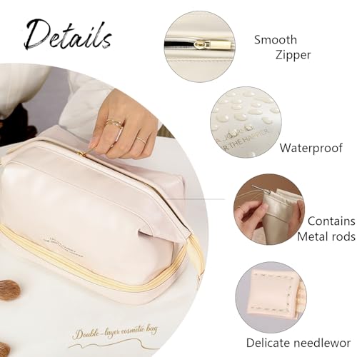 GRINKO Travel Makeup Bag, Large Capacity Toiletry Bag, Portable Pouch Cosmetic Bags for Women, PU Leather Waterproof Make up Organizer Apricot