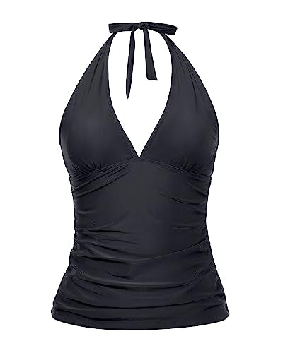 Holipick Women Black Halter Tankini Top Sexy Deep V Neck Swimsuits Top Ruched Tummy Control Swim Tops XXL