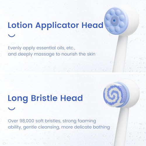 Electric Back Scrubber for Shower Body Brush, Waterproof Shower Body Scrubber for Cleansing, Massaging, Rechargeable Bath Brush for Kids & Adults with 2 Heads & 3 Speed Modes, Milk White XY0
