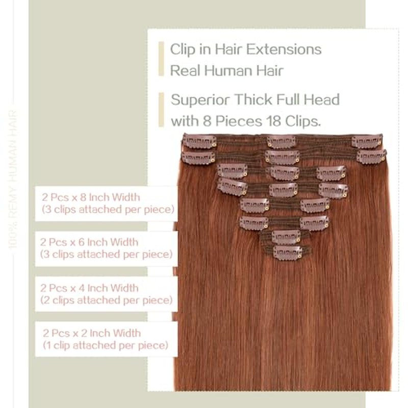 S-noilite Dark Auburn Clip in Human Hair Extensions 100% Remy Hair Thick True Double Weft Clip in Hair Extensions Full Head 8 Pieces 18 Clips Straight Silky (16 Inch - 130g,Dark Auburn (#33))