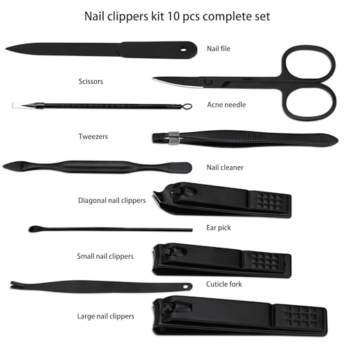 Manicure Set Nail Clippers Kit Professional Stainless Steel Nail Care Tools with Leather Travel Case 10 in 1 Black