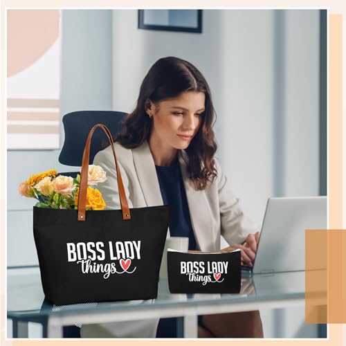 Boss Lady Gift for Women Bosses Day Canvas Tote Bag Makeup Bag Appreciation Gift for Leader Coworker Colleague
