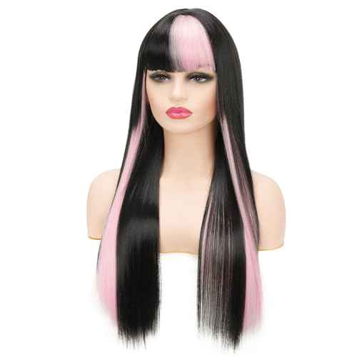 Black and Pink Wigs with Bangs for Women Long Straight Synthetic Wig,Heat Resistant Hair Natural Looking Wig Daily Party Halloween Cospaly Used