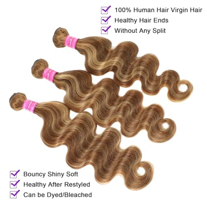 Vallbest Ombre Human Hair Bundles with Closure 14 16 18 +12 Inch Highlight Blonde Bundles Human Hair 4/27 Brown Body Wave with 4x4 Closure 12A Brazilian Virgin Remy Weave Raw Hair Extensions