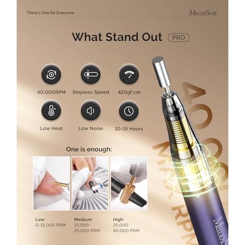 MelodySusie Professional 2 in 1 Nail Drill Kit 40,000 RPM, MB420G Brushless Portable Cordless Rechargeable Electric Nail File, Efile Nail Drill Machine for Acrylic Gel Nails Polishing Removing, Purple