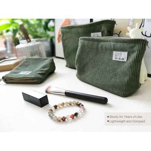 HAPPYHEIDI Corduroy Makeup Bag Set 3 Cosmetic Toiletry Travel Pouch Organizer for Purse Tote, Women Girls Gift, Large Medium Small, Solid Sage Green