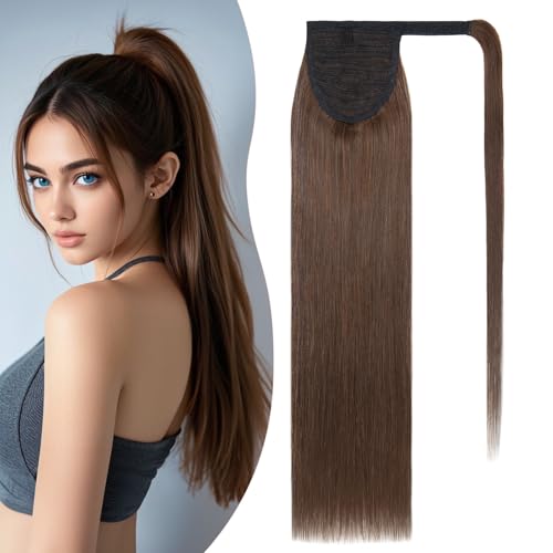 S-noilite Wrap Around Ponytail Extension Human Hair #4 Medium Brown Ponytail Extensions Real Remy Hair 14inch Long Straight Clip in Human Hair Ponytail 80Grams