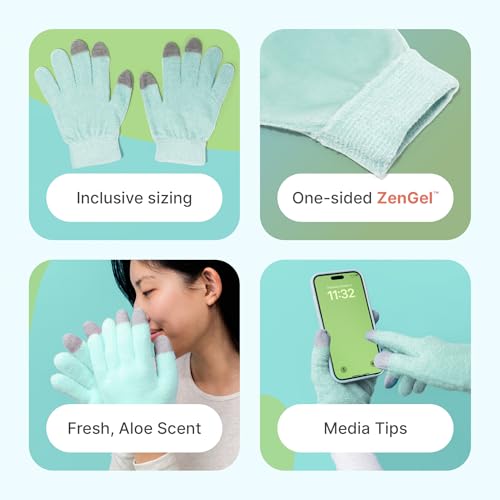 ZenToes Moisturizing Gloves for Dry Hands, Gel Infused with Jojoba Seed Oil, Olive Oil and Vitamin E, Overnight Hand Moisturizer (OSFM, Fuzzy Mint Green with Media Tips)