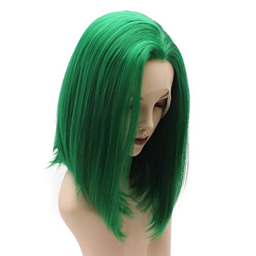 iwonawig Iewig Short Bob Straight Green Wig Half Hand Tied Synthetic Lace Front Heat Friendly Fiber