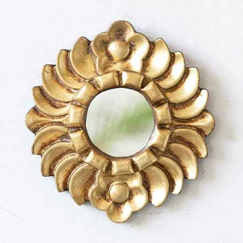 Handmade Small Gold Round Mirror 6in | Peruvian Hand-Carved Wood Hanging Mirror with Gold Leaf Finish for Wall Decor (Gold)
