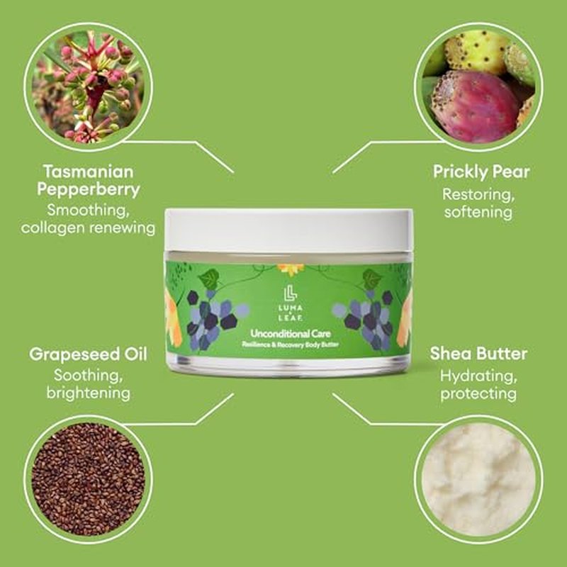 LUMA & LEAF Unconditional Care Whipped Body Butter ? 5 fl oz Natural Shea Butter Body Cream with Grapeseed Oil, Tasmanian Pepperberry & Vitamin E ? Ideal for Deep Hydration & Scar Repair