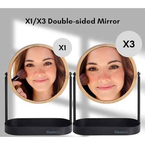 Bamboo Makeup Mirror with Storage, Double Sided Vanity Mirror 360¡Æ Rotation, 1X 3X Magnifying Table Mirror for Desk, Bathroom, Bedroom, Dressing Table