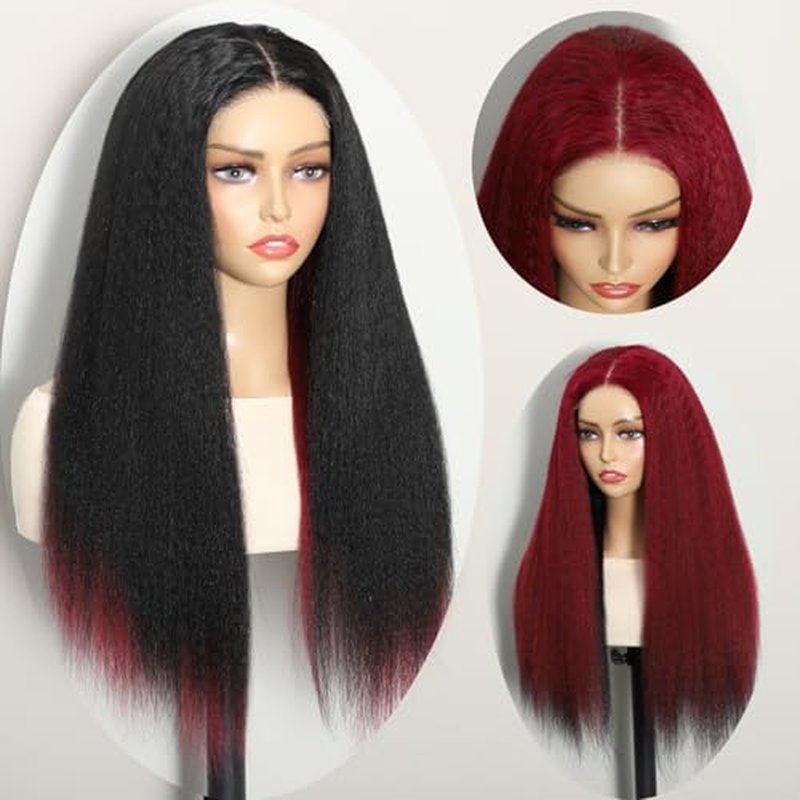 Wear and Go Glueless Wigs Human Hair Pre Plucked Pre Cut Double Wear Wig Kinky Straight 4x4 HD Lace Yaki Straight Human Hair Wigs for Black Women 180% Density 28 Inch (Red and Black)