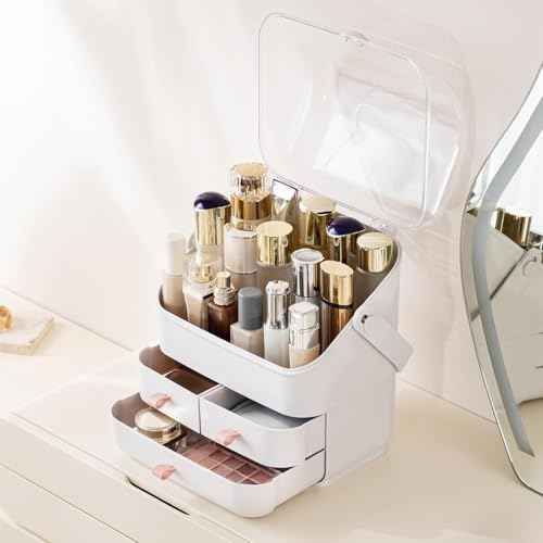 HBlife Makeup Organizer, Waterproof & Dustproof Cosmetic Storage, Fully Open Lid Makeup Display Box, Skincare Organizer for Bathroom Countertop Vanity, White