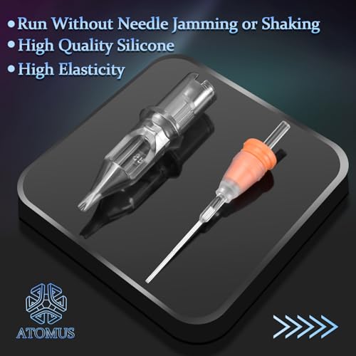 ATOMUS 40pcs Tattoo Cartridge Needles with 20pcs Silicone Ink Cups Size #10 RL RS RM Round Liner Tattoo Needles for Tattoo Gun Pen Liner Pattern (3RS+5RS+7RS+9RS)