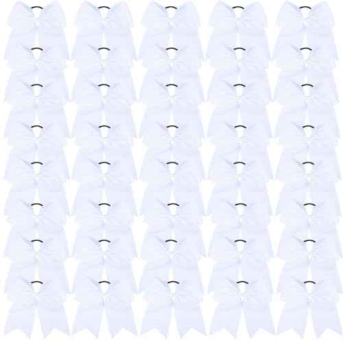 40Pcs 8" Large Cheer Hair Bows Grosgrain Ribbon Elastic Bands Handmade Ponytail Holder for Cheerleading Girls School College Sports (white)