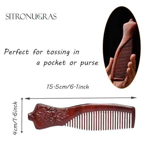 Handmade Swood Hair Comb,Anti Static Natural Hair Detangler for Men Women Kids, No Snag Wooden Hair Comb Without Handle (Fine Teeth flower hand drawing with box)