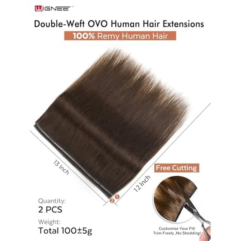 WIGNEE Double Invisible PU OVO Human Hair Extensions 100% Remy Hair Weft Brown Hair Extensions Human Hair 2 PCS 12 Inch No Glue Wefts Micro Bead Real Human Hair Extensions (2)