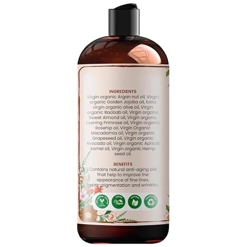 Organic Face and Body Oil Unique blend of 12 virgin organic carrier oils | Use as is or for making lotions, body butters, serums, soaps-12 oz (12)