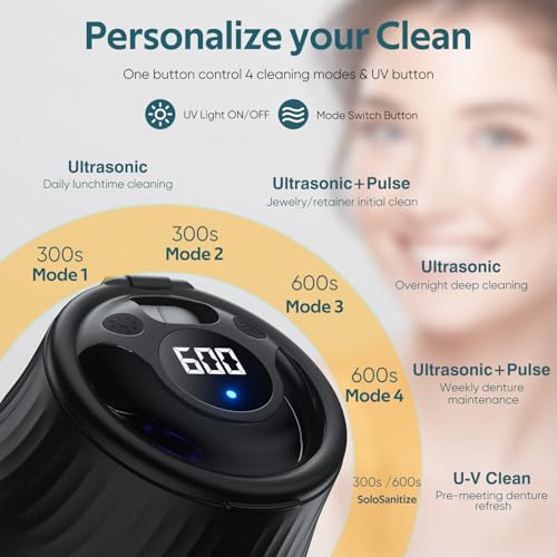 Ultrasonic Retainer Cleaner Machine- 45kHz Denture Cleaner, 200ML Dental Cleaning Pod for Aligners, Mouth Night Guards, Toothbrush Heads & Jewelry, 4 Cleaning Modes, Digital Timer, Black