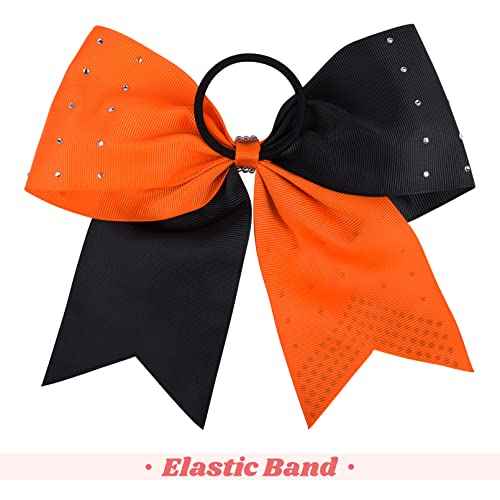 CEELGON Large Rhinestones Cheer Bows, 12 PCS Glitter 7" Cheer Bows Ponytail Holder for Cheerleaders Girls Softball Sports Competition (Orange/Black)