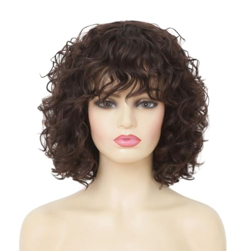 Kaneles Short Brown Curly Wig Womens Bob Wig with Bangs Shoulder Length Naturel Hair Wigs for Daliy Party Halloween Use