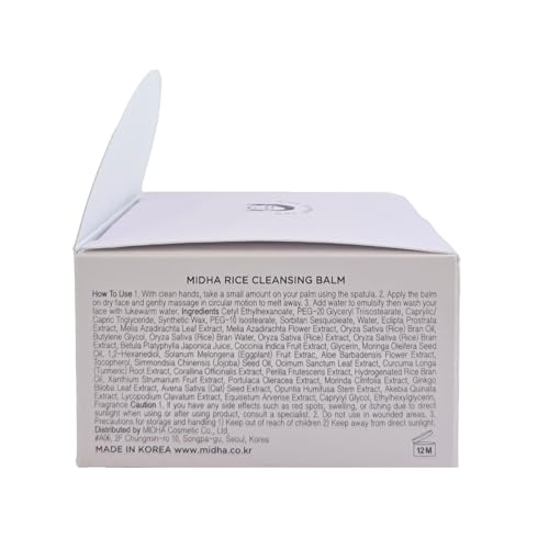 MIDHA RICE CLEANSING BALM, 3.38fl.oz/100ml, Deep cleansing, Moisturising, Gentle makeup remover, Balm to oil formula, daily facial wash, Non-irritating cleanser, Blackhead cleansing, Hydrating, Vegan