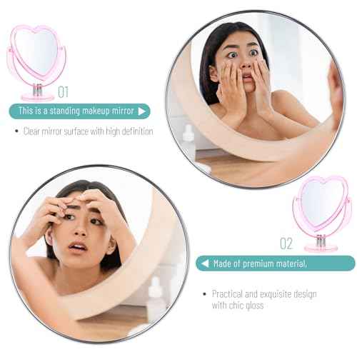 Heart Shaped Pink Makeup Mirror - Double-Sided Rotatable Vanity Mirror for Dresser, Desktop, Bathroom, Bedroom