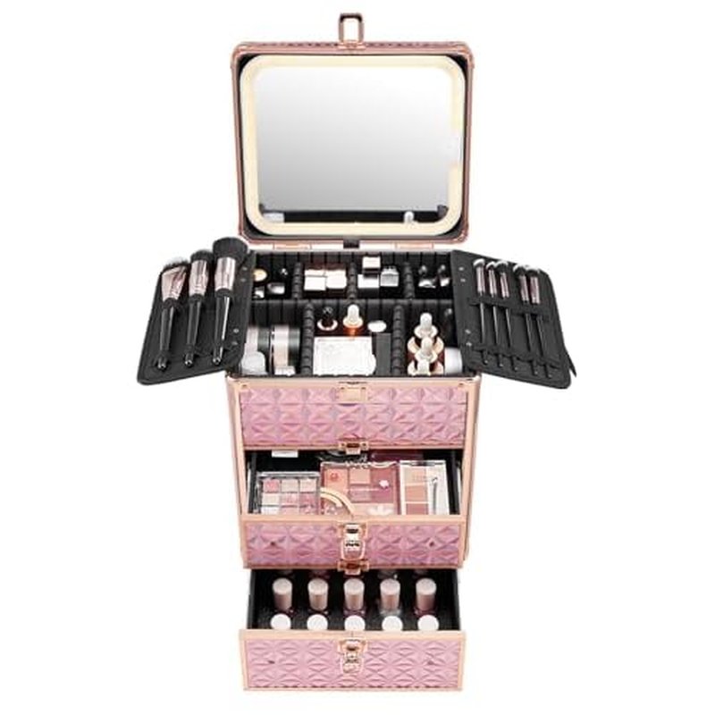 Makeup Box with Double Drawers and A Detachable Lighted Mirror, Waterproof Travel Train Case, Cosmetic Organizer and Makeup Suitcase with Adjustable Dividers, Magnetic LED Mirror (Sparkling Pink)