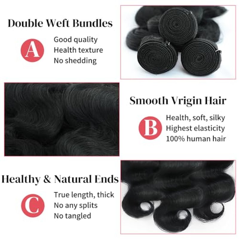 Body Wave Bundles Human Hair 20 22 24 Inch 12A Grade 100% Unprocessed Brazilian Virgin 3 Bundles Human Hair Natural Black