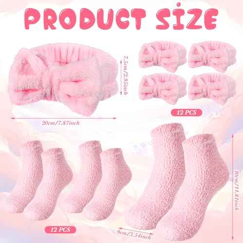 24 Pcs Pink Spa Party Favors Sleepover Party Supplies for Girls Include 12 Spa Headband, 12 Fuzzy Socks for Slumber, Bachelorette, Pajama Gift