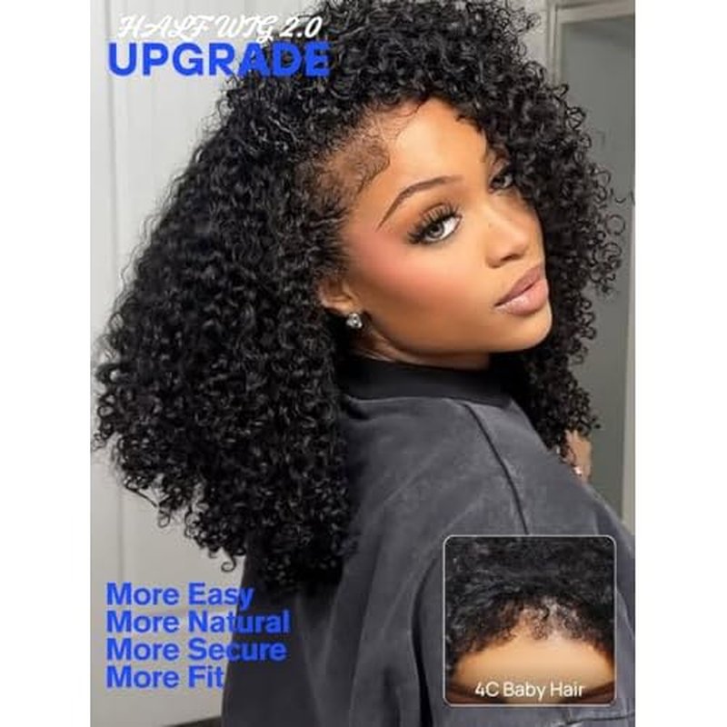 Nadula Glueless Afro Kinky Curly Half Drawstring Wig Human Hair No Leave Out with 4C Blend Edges Hairline, 12A Upgraded Flip-over Design Wear and Go Clip in Half Wig Beginner Friendly 14inch
