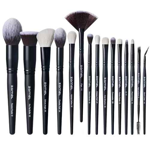 ZAMEL Professional Travel Goat Hair Makeup Brushes Set, 15Pcs Kabuki Face & Eye Makeup Brush set Ultra Soft Dense Flat Foundaiton Blush And Extra-large loose Powder Brush Eyeshadow